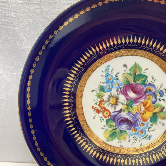 Roman Style Plate Blue With Pink Blue Yellow & More Florals  10.25” gold Trimmed - Picture 3 of 9